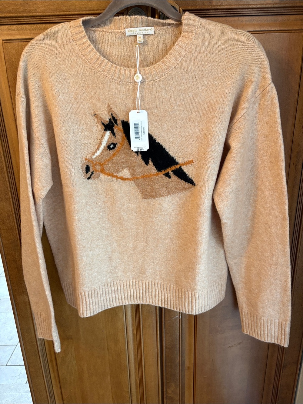 Simply Southern Peach Crewneck Sweater with Horse Intarsia